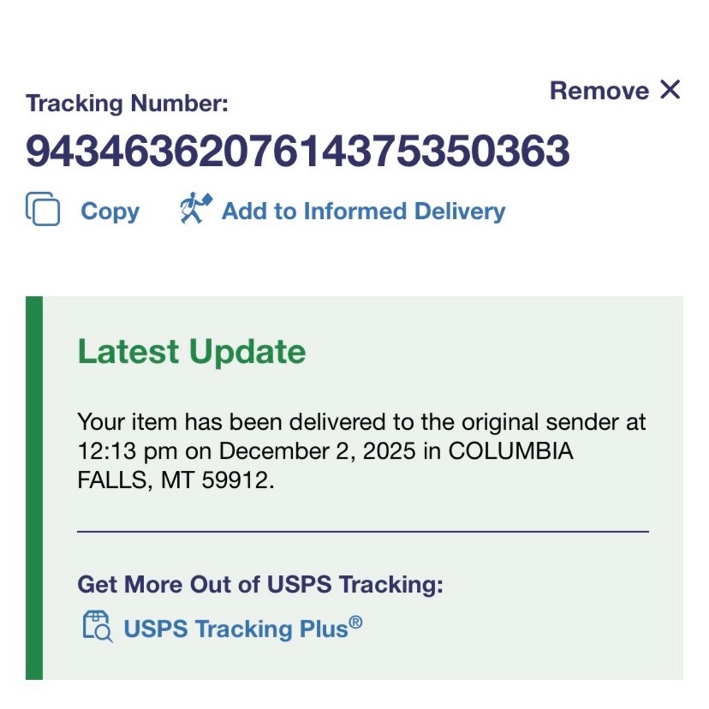 USPS Tracking Status Screenshot showing returned to original sender on Dec 2 25